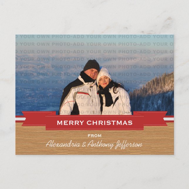 Red Rustic Banner Holiday Photo Postcard (Front)