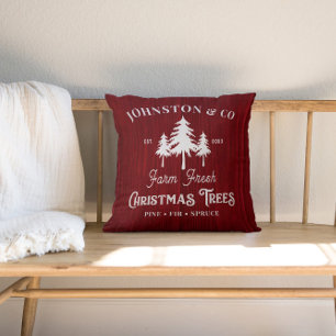 Red Rustic Barnwood Christmas Tree Farm Cushion