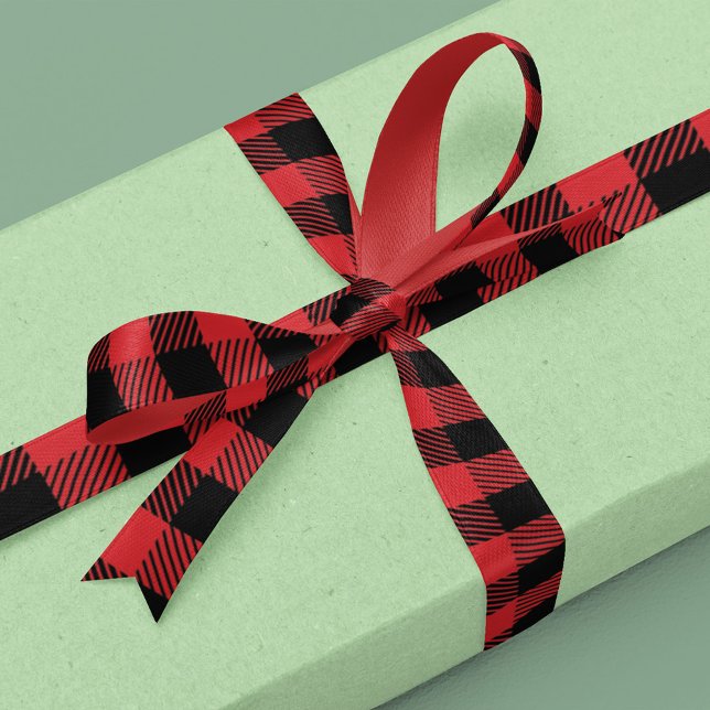 Red Rustic Buffalo Check Pattern Satin Ribbon (Buffalo check simple minimalist pattern ribbon)