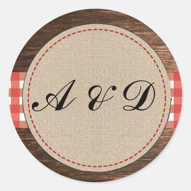Red Rustic Burlap Wood Wedding Stickers Labels (Front)