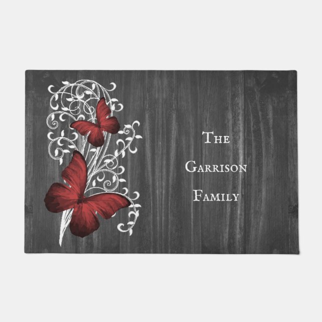 Red Rustic Butterfly Personalised Doormat (Front)