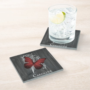 Red Rustic Butterfly Personalised Glass Coaster