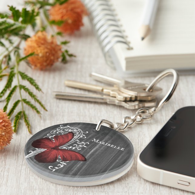 Red Rustic Butterfly Personalised Keychain (Front Right)