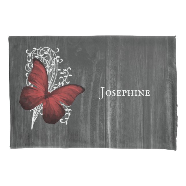 Red Rustic Butterfly Personalised Pillowcase (Front)