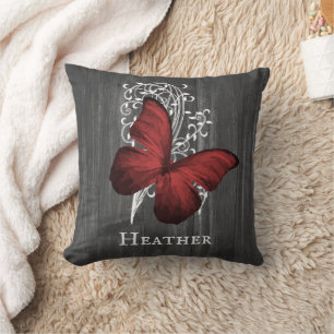 Red Rustic Butterfly Personalised Throw Pillow