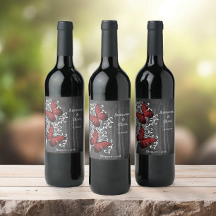 Red Rustic Butterfly Wedding Wine Label