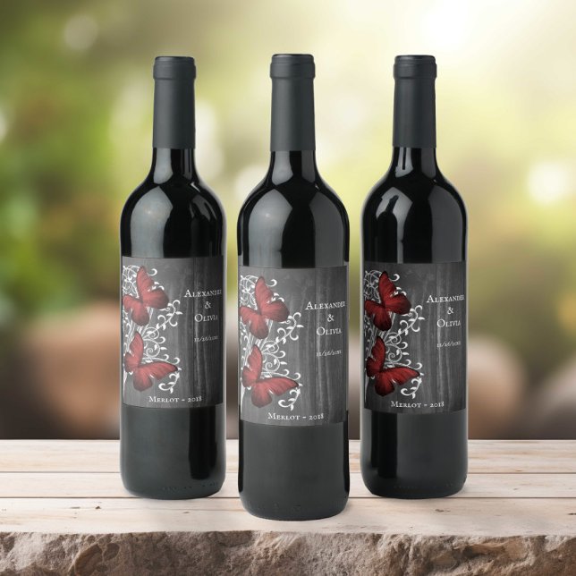 Red Rustic Butterfly Wedding Wine Label (Red Rustic Butterfly Wedding Wine Label)