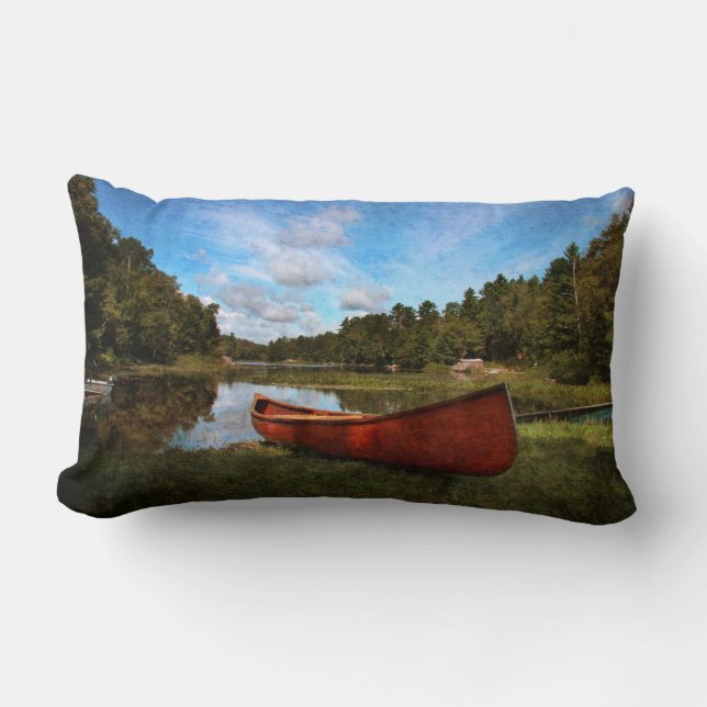 Red rustic canoe on a lake bank lumbar cushion (Front)