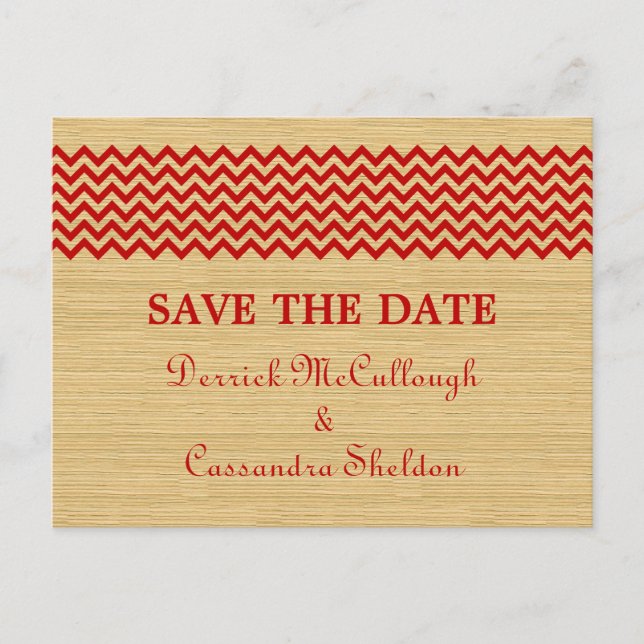 Red Rustic Chevron Save the Date Postcard (Front)
