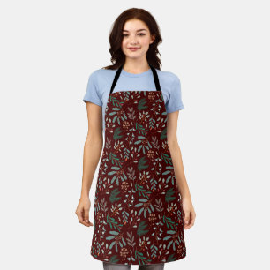 Red Rustic Christmas Botanical Pattern Apron