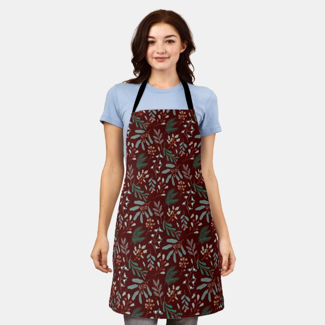Red Rustic Christmas Botanical Pattern Apron (Worn)