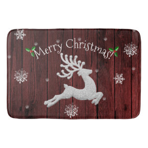 Red Rustic Christmas Reindeer Bath Mat