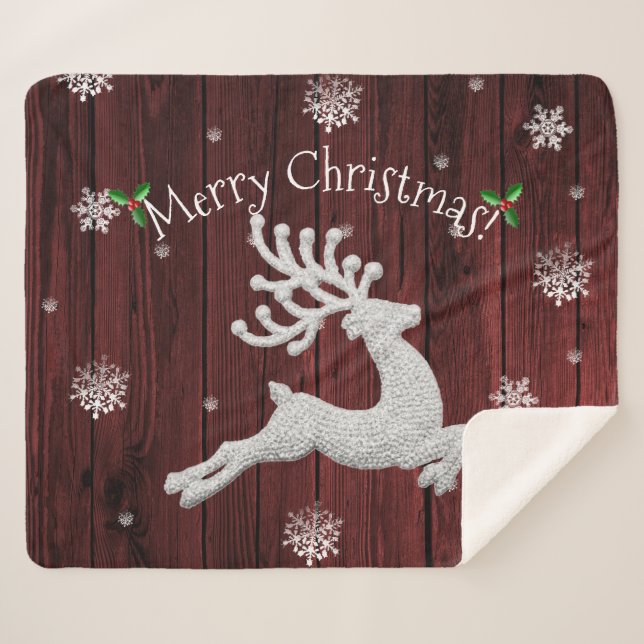Red Rustic Christmas Reindeer Sherpa Blanket (Front (Horizontal))