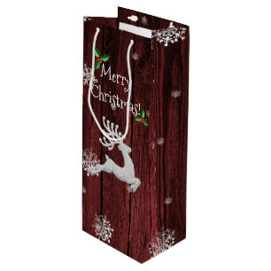 Red Rustic Christmas Reindeer Wine Gift Bag