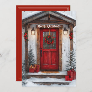 Red Rustic Country Door Wreath Presents Lights  Holiday Card