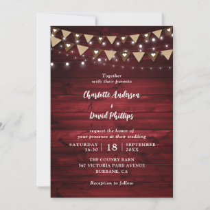 Red Rustic Country Wood String Lights Wedding Invitation