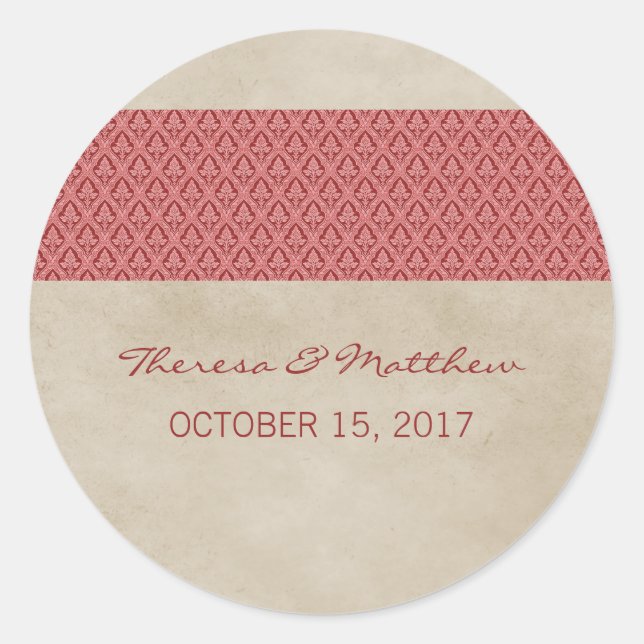 Red Rustic Damask Wedding Stickers (Front)
