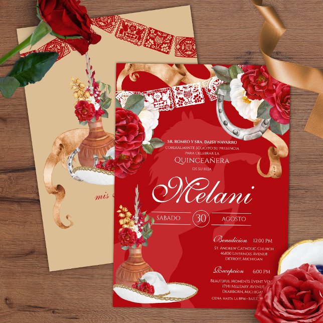 Red Rustic Floral Charro Quinceanera Birthday Invitation (Creator Uploaded)