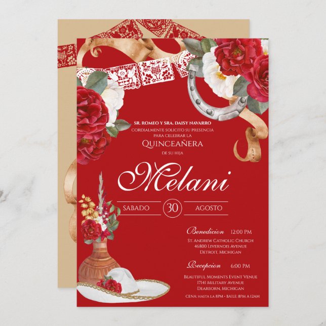 Red Rustic Floral Charro Quinceanera Birthday Invitation (Front/Back)