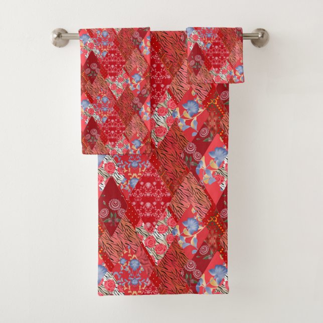 Red , rustic , patchwork bath towel set (Insitu)