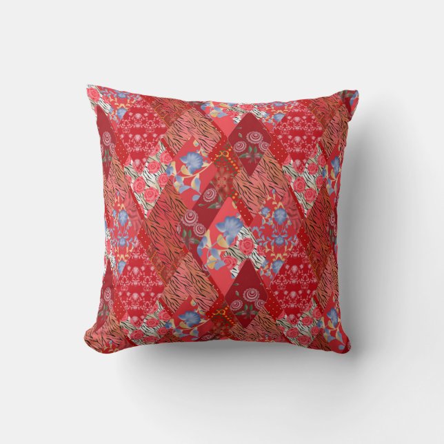 Red , rustic , patchwork cushion (Front)