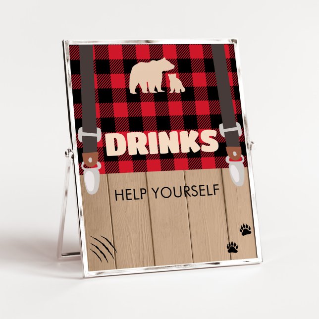 Red Rustic Plaid Lumberjack Baby Shower Drinks Poster (Plaid Lumberjack Baby Shower Drinks Sign)