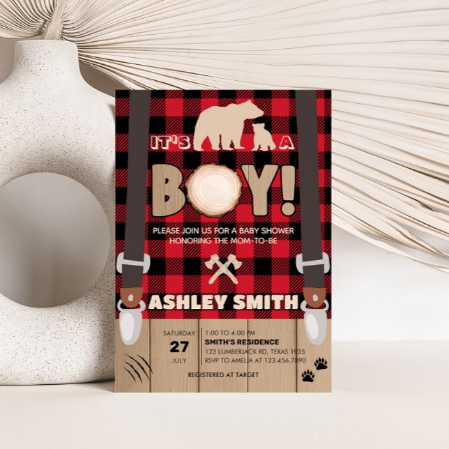 Red Rustic Plaid Lumberjack Baby Shower  Invitation (Plaid Lumberjack Baby Shower Invitation )