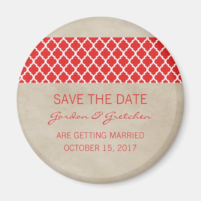 Red Rustic Quatrefoil Save the Date Magnet (Front)