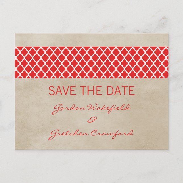 Red Rustic Quatrefoil Save the Date Postcard (Front)