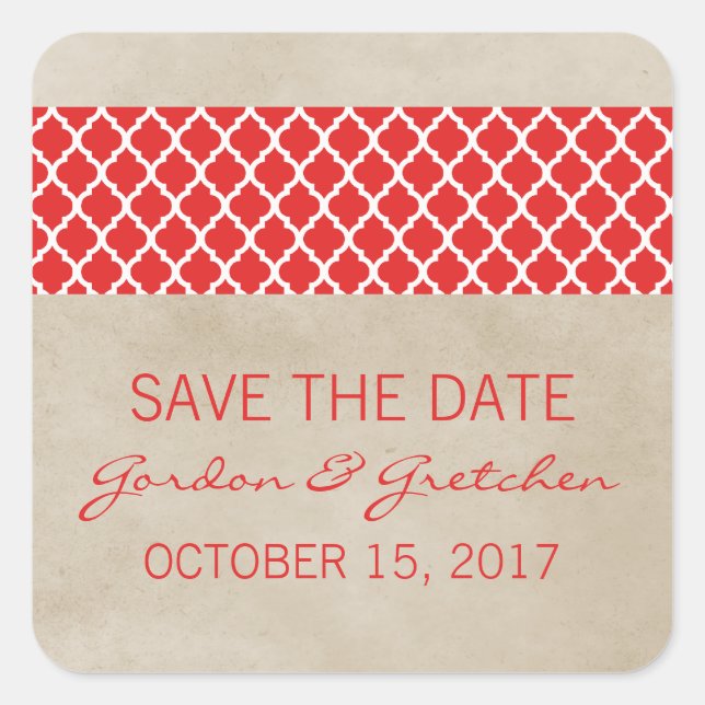 Red Rustic Quatrefoil Save the Date Stickers (Front)