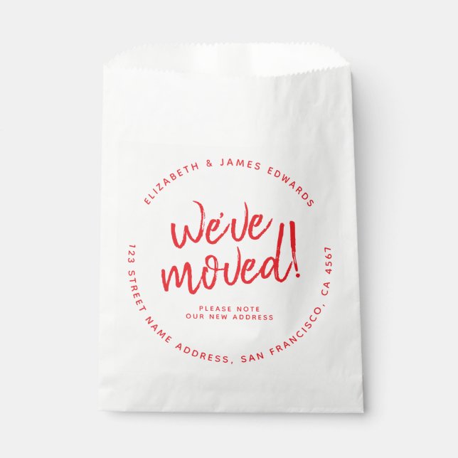 Red Rustic Script We've Moved New Address Favour Bag (Front)