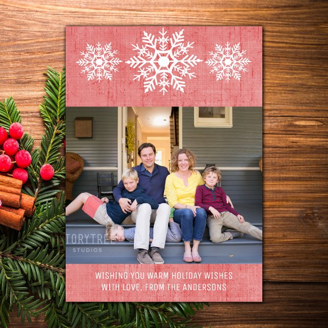 Red Rustic Snowflake Holiday Photo Card (Red Rustic Snowflake Holiday Photo Card)