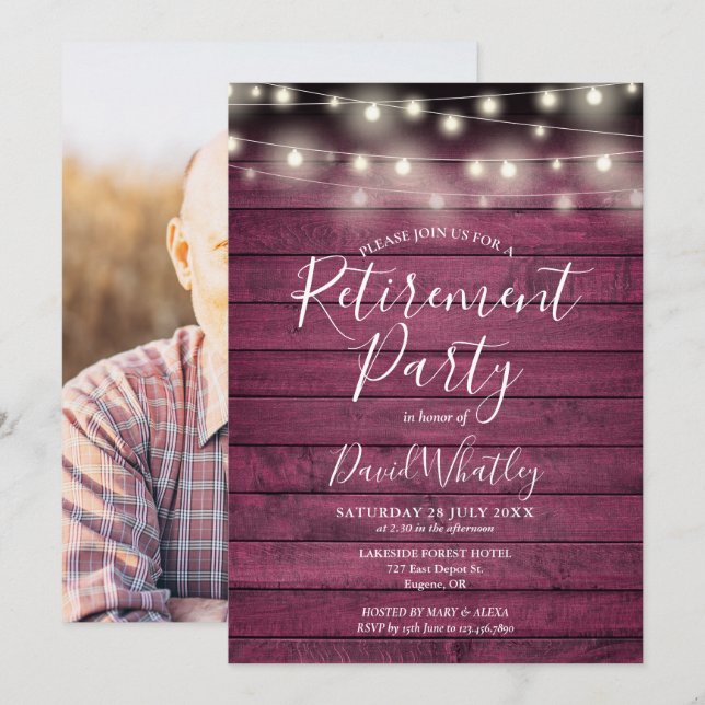 Red Rustic String Lights Photo Retirement Party Invitation (Front/Back)