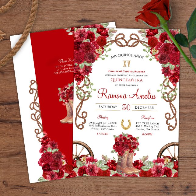 Red Rustic Western Charro Cowboy Boots Quince  Invitation (Creator Uploaded)