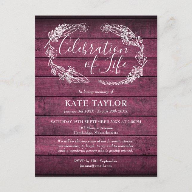 Red Rustic Wood Celebration of Life Funeral Announcement Postcard (Front)