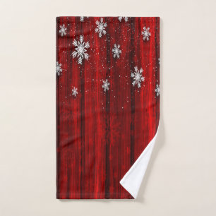 Red Rustic Wood, Snowflakes Christmas Bath Towel Set