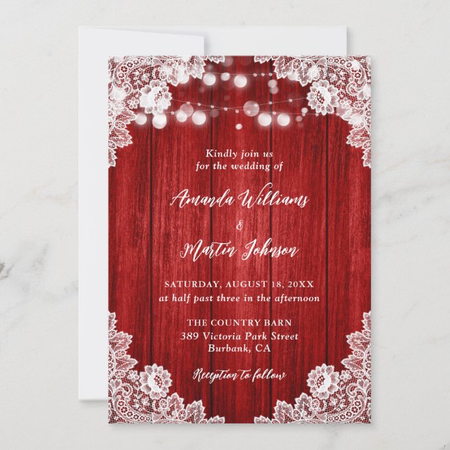 Red Rustic Wood String Lights Floral Lace Wedding Invitation (Front)