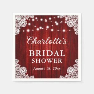 Red Rustic Wood White Floral Lace Bridal Shower Napkin