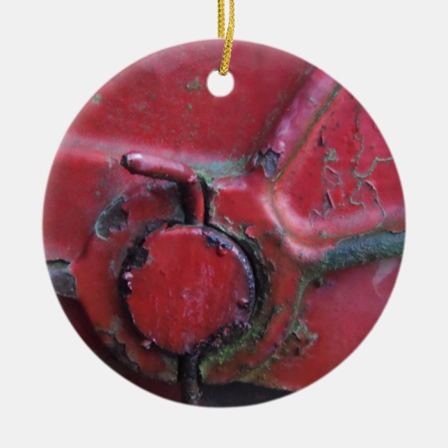 Red rusty truck close-up ceramic tree decoration (Front)