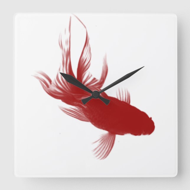 Red Ryukin Goldfish Square Wall Clock (Front)
