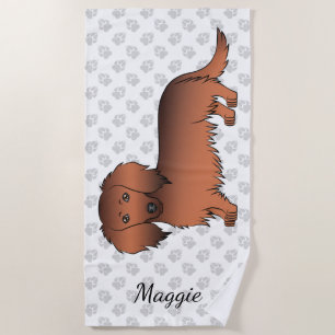 Red Sable Long Hair Dachshund Cartoon Dog & Name Beach Towel