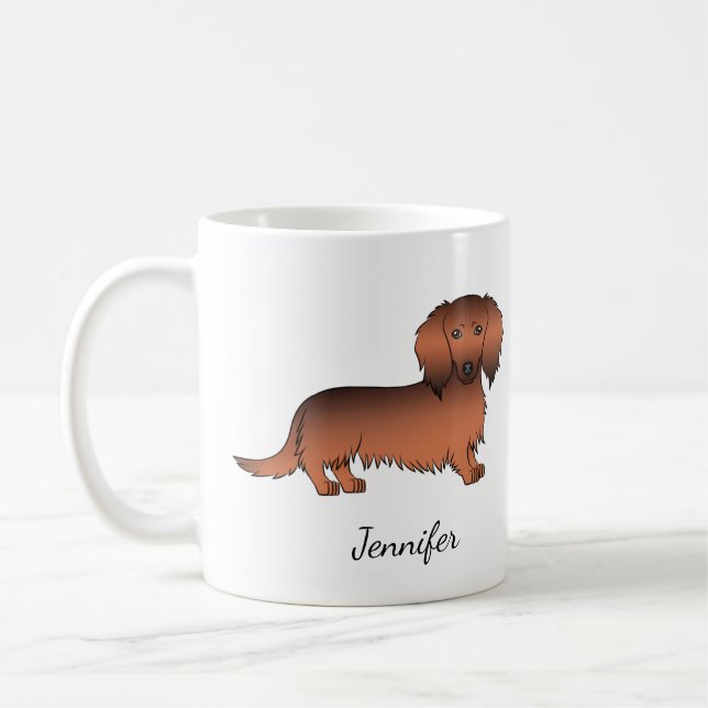 Red Sable Long Hair Dachshund Cartoon Dog & Name Coffee Mug (Left)