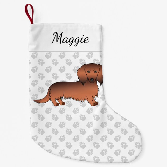 Red Sable Long Hair Dachshund Cartoon Dog & Name Small Christmas Stocking (Front)