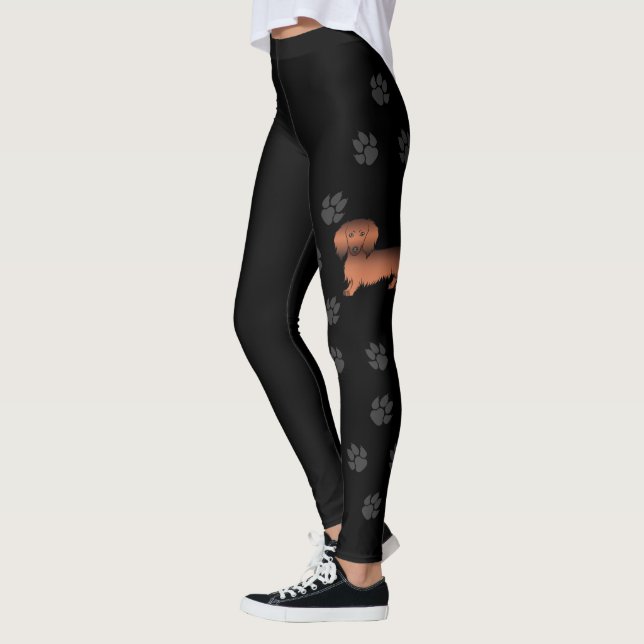 Red Sable Long Hair Dachshund Cartoon Dog & Paws Leggings (Left)