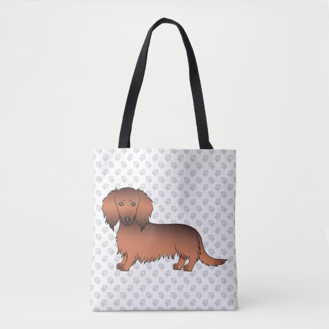 Red Sable Long Hair Dachshund Cartoon Dog & Paws Tote Bag (Front)