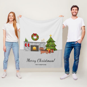 Red Sable Long Hair Dachshund Dog - Christmas Room Fleece Blanket