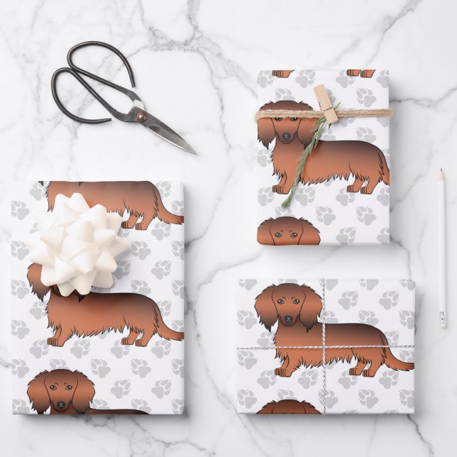 Red Sable Long Hair Dachshund Dog Pattern & Paws Wrapping Paper Sheet (Front)