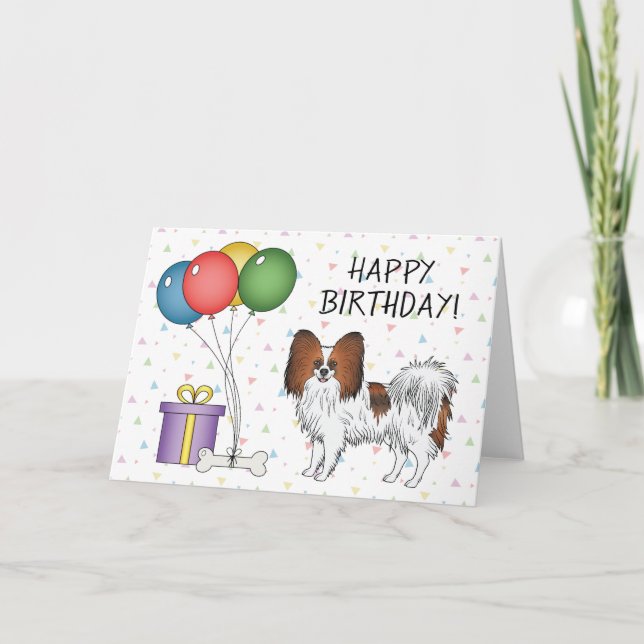 Red Sable Papillon Cartoon Dog Happy Birthday Card (Front)