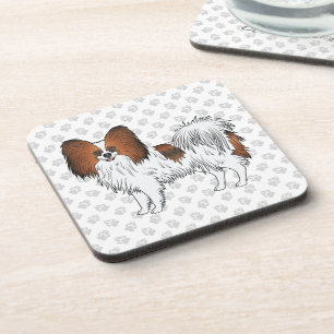 Red Sable Papillon Cartoon Dog On Grey Paw Pattern Coaster