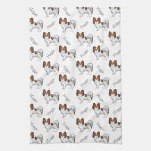 Red Sable Papillon Cartoon Dog Pattern With Name Tea Towel